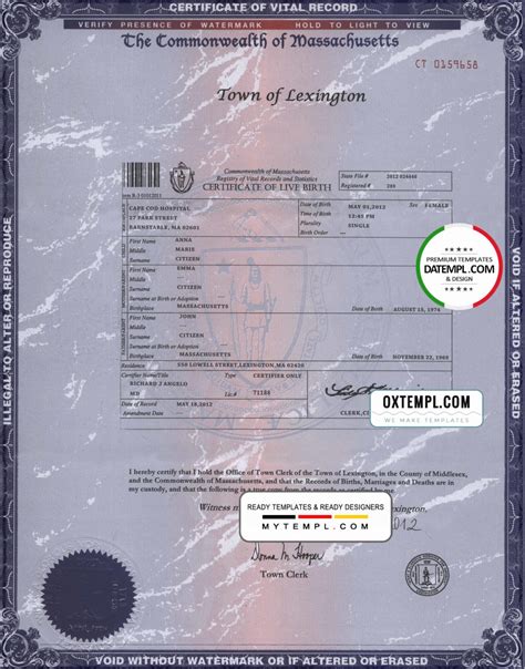 USA Massachusetts state birth certificate template in PSD format, fully ...