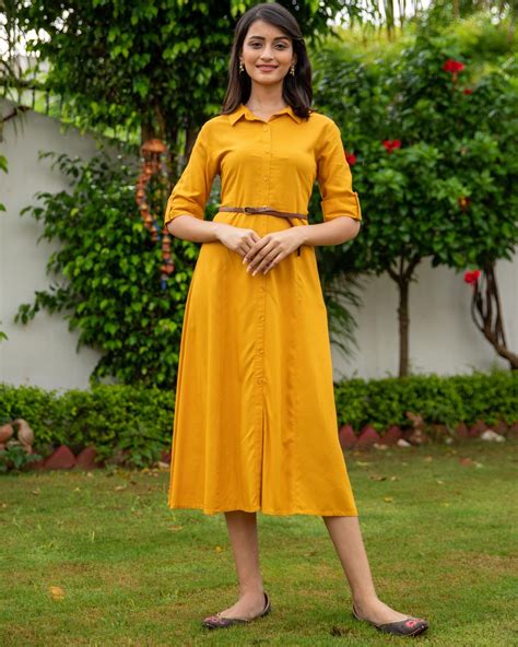 Mustard yellow button down dress with belt - Set Of Two by Studio Misri ...