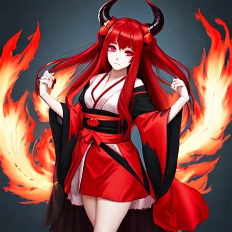 anime girl with long thick scarlet hair and demon ho...