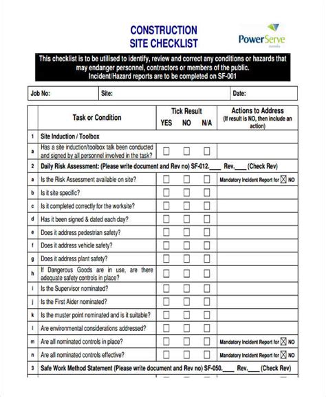 Construction Equipment Checklist Template