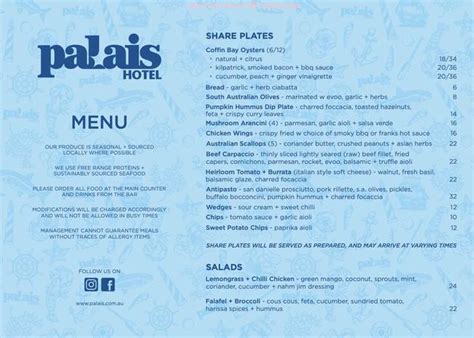 Online Menu of Palais Hotel Restaurant, Semaphore, South Australia ...