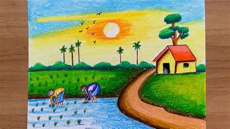 Farmers working on the field drawing agriculture village scenery ...