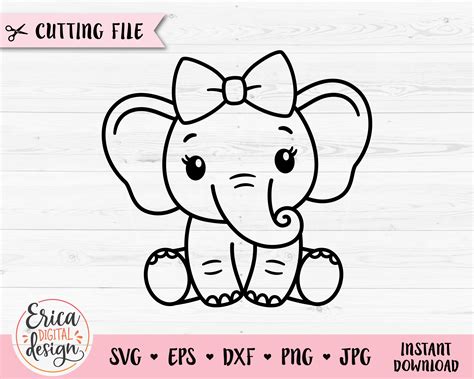 Baby Elephant Girl Svg Cute Sitting Elephant Outline Cut File For | The ...