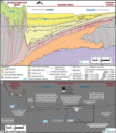 A, Interpreted seismic section through the Hikurangi Trench and its ...