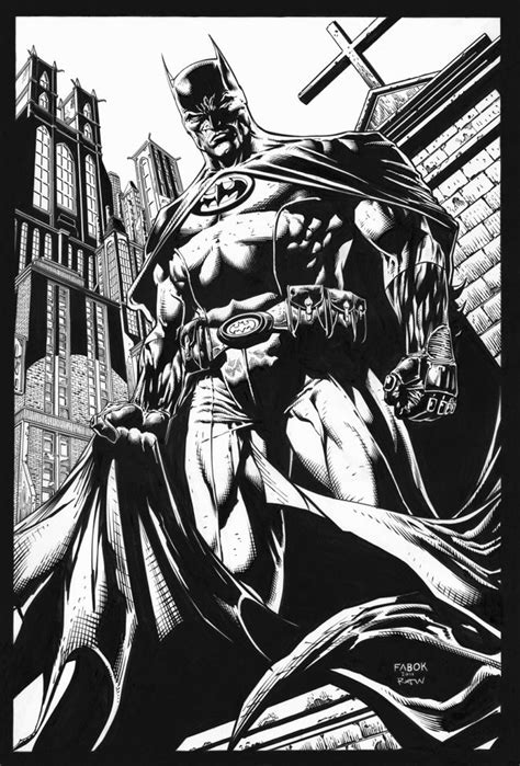 a black and white drawing of batman in front of a cityscape with ...