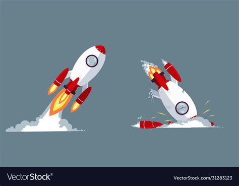 Cartoon rocket taking off and crash graphic Vector Image