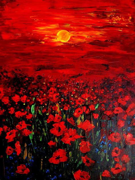 Canvas Print Of Original Oil Painting Poppy Field - Sunset With Poppies ...