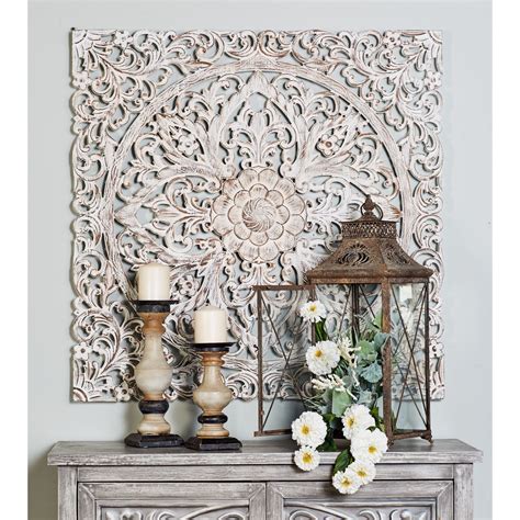 Carved Floral Ivory Medallion Wood Wall Panel in 36"X36" by Studio 350 ...