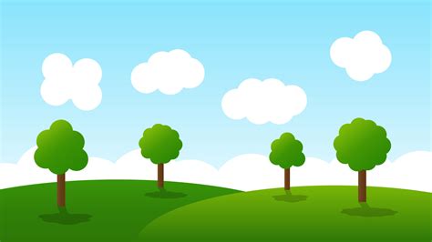 landscape cartoon scene with green trees on hills and white cloud in ...