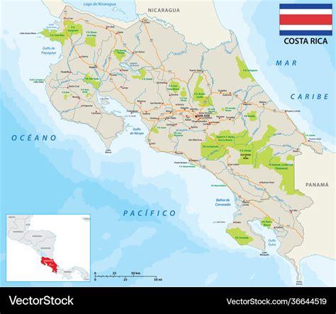 Costa rica road and national park map with flag Vector Image