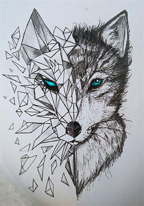 Geometric Wolf Drawing with Blue Eyes