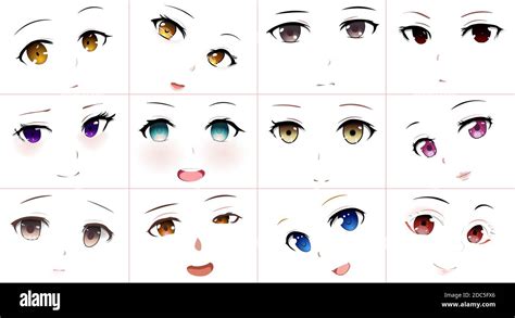 Set of Vector Cartoon Anime Style Expressions. Kawaii Cute Faces ...