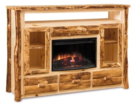 Amish Rustic Log Entertainment Center with Fireplace | Fireplace ...