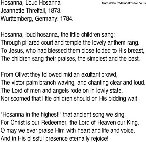 Hymn and Gospel Song Lyrics for Hosanna, Loud Hosanna by Jeannette ...