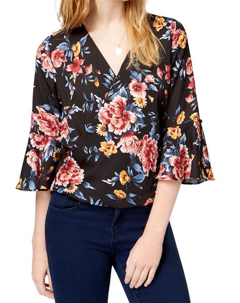 BCX - Womens' Blouse Multi Surplice Floral Print Bell Sleeve XS ...