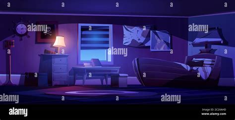 Kids bedroom interior in pirate thematic at night. Vector cartoon ...