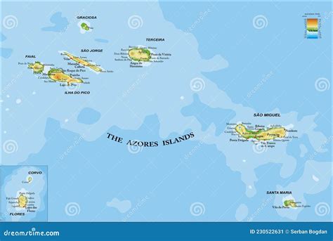 Azores Islands Hyghly Detailed Physical Map Cartoon Vector ...