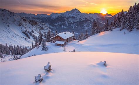 nature, Landscape, Tyrol, Winter, Sunrise, Cabin, Mountain, Pine Trees ...