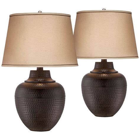 Barnes and Ivy Rustic Table Lamps Set of 2 Hammered Bronze Metal Pot ...