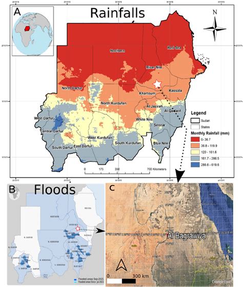 A Map of Sudan’s rainfall (after [43]). B Map of areas affected by ...