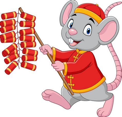 Cartoon rat in chinese traditional costume holding firecracker. Chinese ...