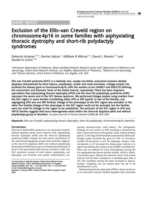 (PDF) Exclusion of the Ellis-van Creveld region of chromosome 4p 16 in ...