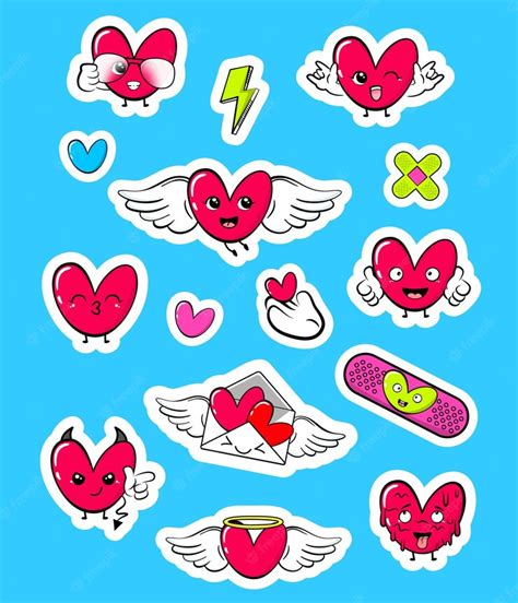 Premium Vector | Cartoon heart kawaii character stickers pack.