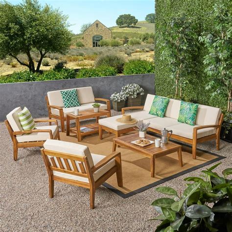 Wilcox Outdoor 9 Piece Acacia Wood Sectional Sofa Set with Cushions ...