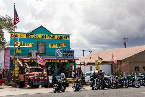 Views of the route 66 decorations in the city of Seligman in Arizona ...