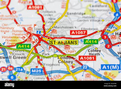 St Albans and surrounding areas shown on a road map or geography map ...