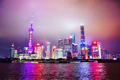 Night view of the Pudong skyline from the Bund in Shanghai, China! So ...