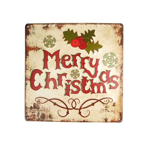 Vintage Style Metal Square "Merry Christmas" Sign with Mistletoe, Beige ...