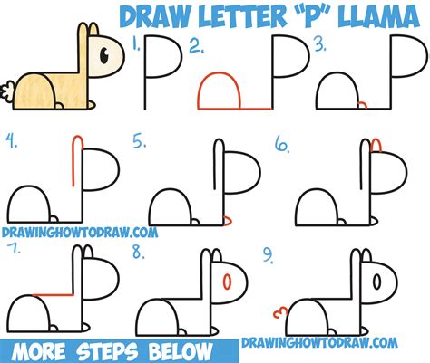 How to Draw Cute Cartoon Kawaii Llama or Alpaca from "P" Letters Easy ...