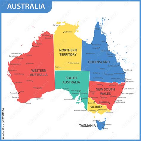 The detailed map of the Australia with regions or states and cities ...