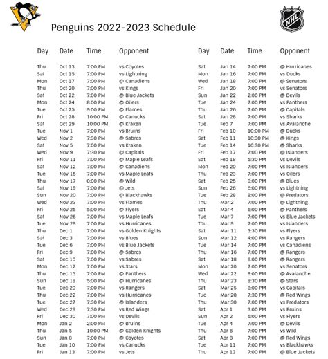 Pittsburgh Penguins Printable Schedule - Printable Templates Free