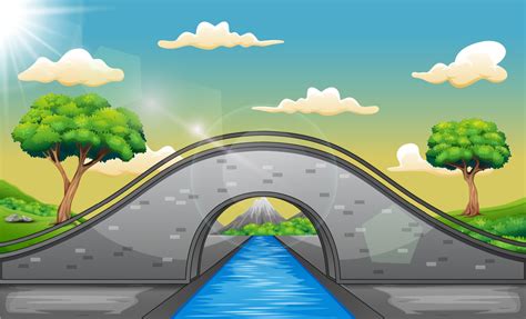 Cartoon landscape with arch bridge and mountains background 5557465 ...