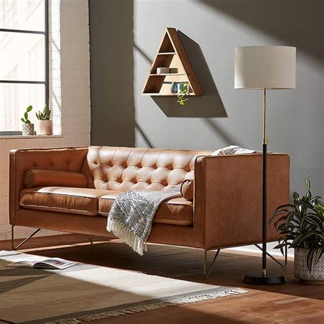 Camel Mid Century Modern Leather Couch With Tufted Cushions | Interior ...