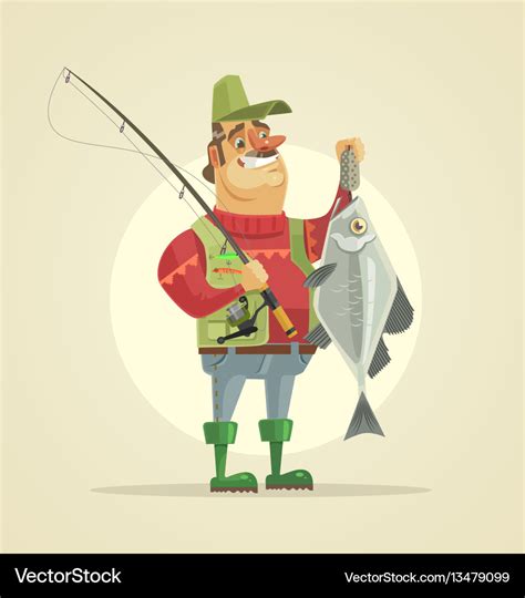 Happy fisherman character hold big fish Royalty Free Vector