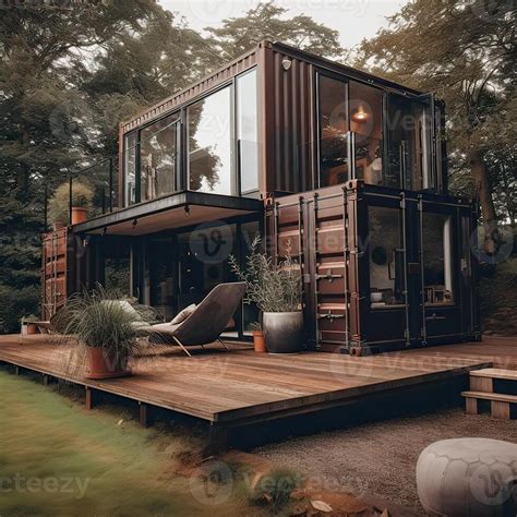 Modern metal building made from shipping containers and in forest and ...