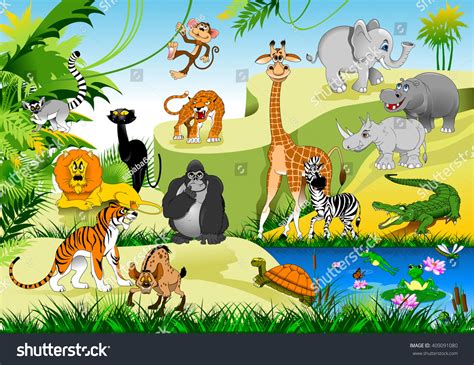 Large Group Animals Green Jungles Vector Stock Vector (Royalty Free ...