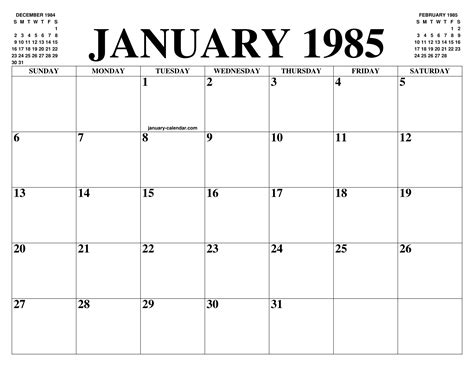 JANUARY 1985 CALENDAR OF THE MONTH: FREE PRINTABLE JANUARY CALENDAR OF ...