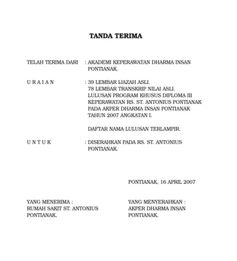 Contoh Tanda Terima Dokumen Contoh Surat Tanda Terima Dokumen Wood ...