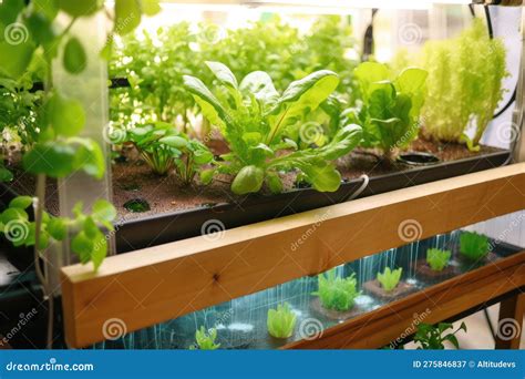 Aquaponics System, with Close-up of the Fish and Plant Ecosystem Stock ...