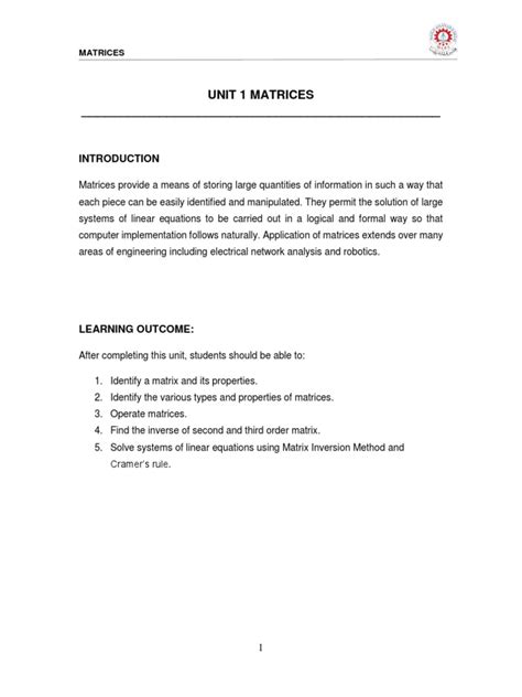 Unit 1 Matrices | PDF | Matrix (Mathematics) | Determinant