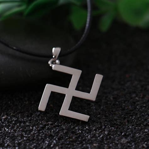 Silver Buddhism Peace Symb Swastika Necklace with Leather Rope Jainism