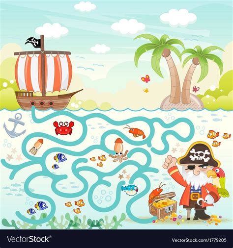 Funny maze game, Pirate try to find the treasure in the sea ...