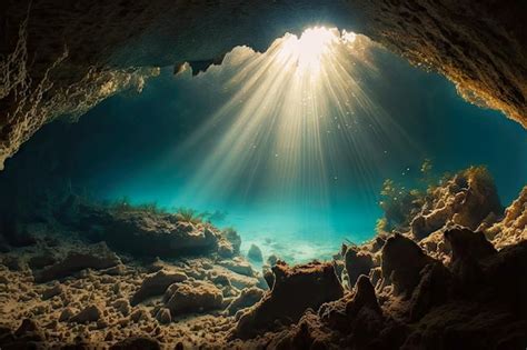 Premium Photo | Beaful underwater cave on ocean floor with sunlight ...