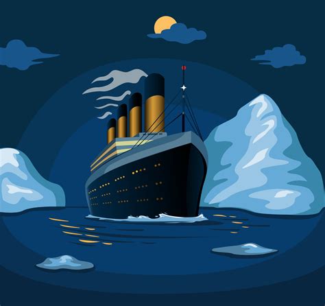 Titanic cruise ship sail in sea iceberg in night scene illustration in ...