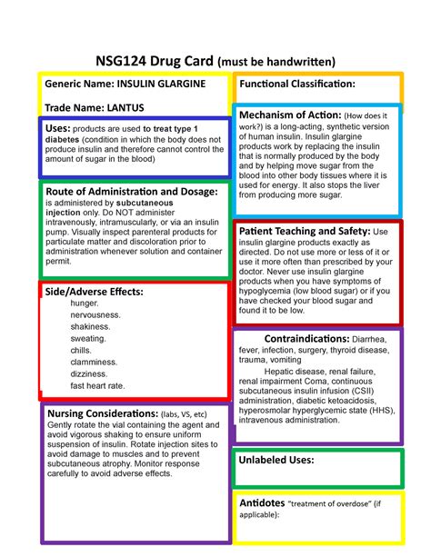 Insulin Glargine - course work - NSG124 Drug Card (must be handwritten ...