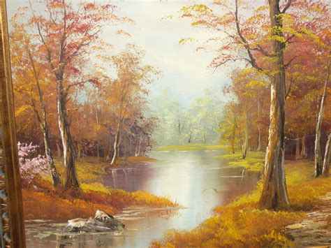 Vintage Orange Autumn Forest River Picture Oil on Canvas Painting ...